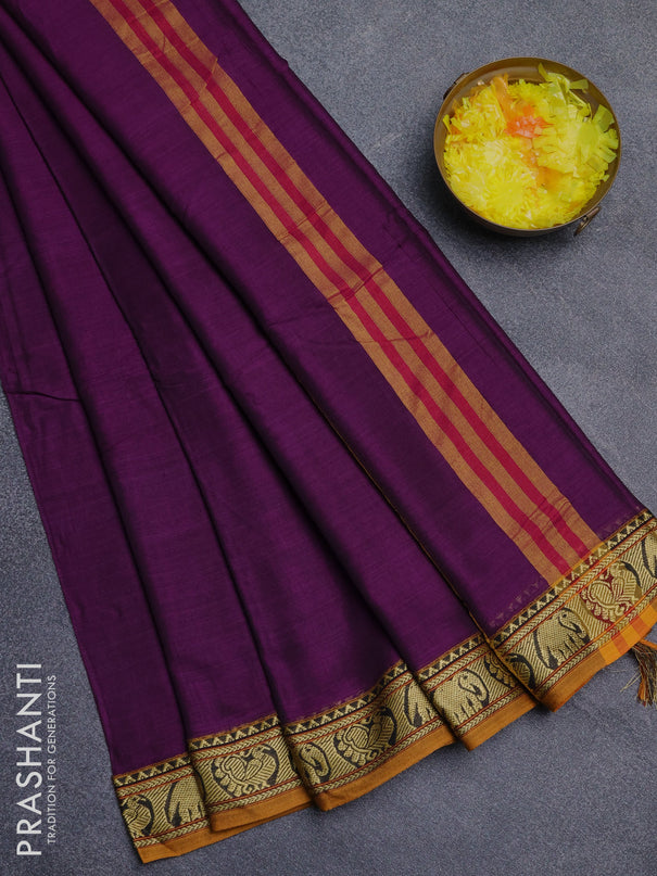 Narayanpet cotton saree purple and mustard yellow with plain body and thread woven border