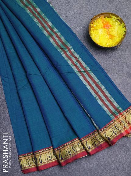 Narayanpet cotton saree dual shade of bluish green and maroon with plain body and thread woven border