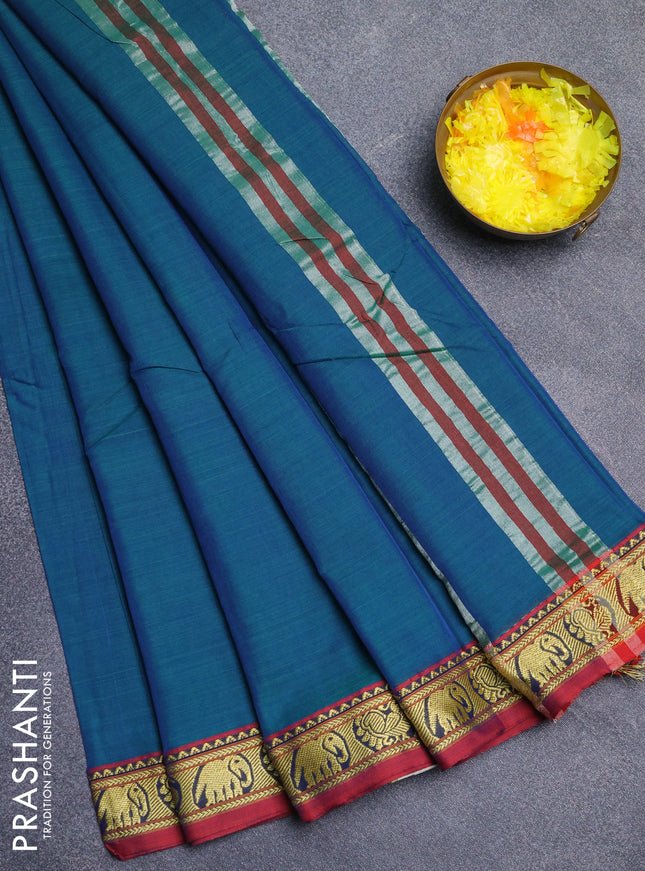 Narayanpet cotton saree dual shade of bluish green and maroon with plain body and thread woven border