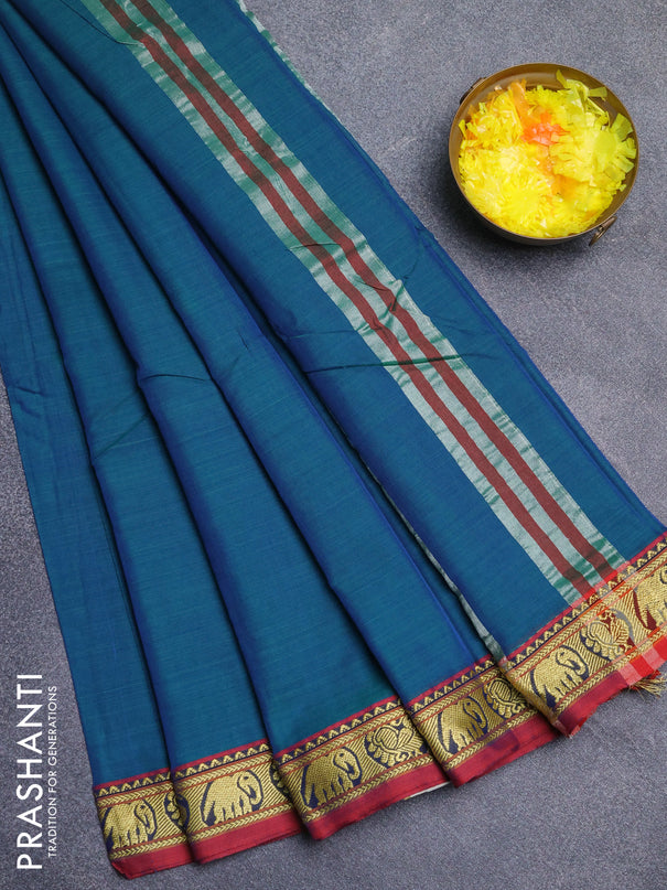 Narayanpet cotton saree dual shade of bluish green and maroon with plain body and thread woven border