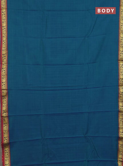 Narayanpet cotton saree dual shade of bluish green and maroon with plain body and thread woven border