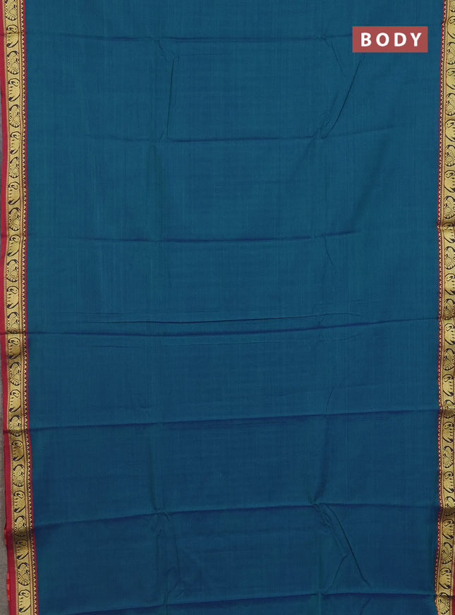 Narayanpet cotton saree dual shade of bluish green and maroon with plain body and thread woven border