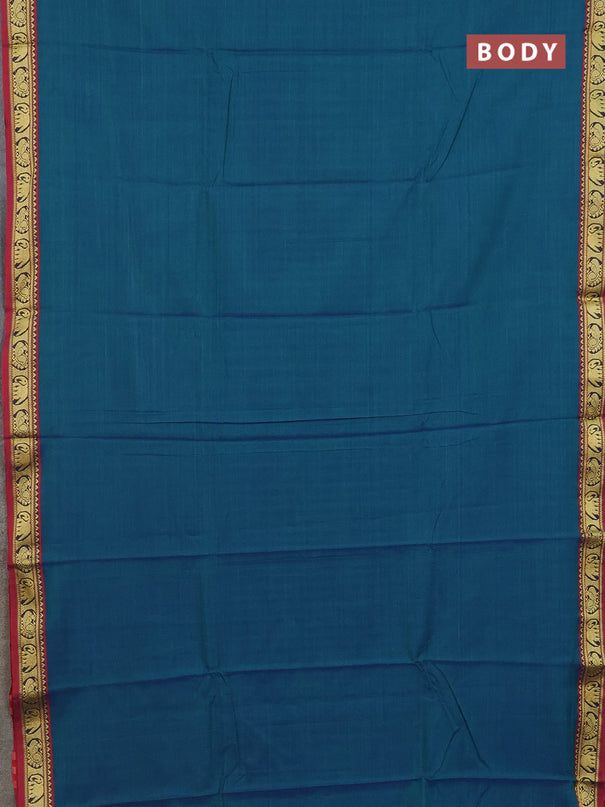 Narayanpet cotton saree dual shade of bluish green and maroon with plain body and thread woven border