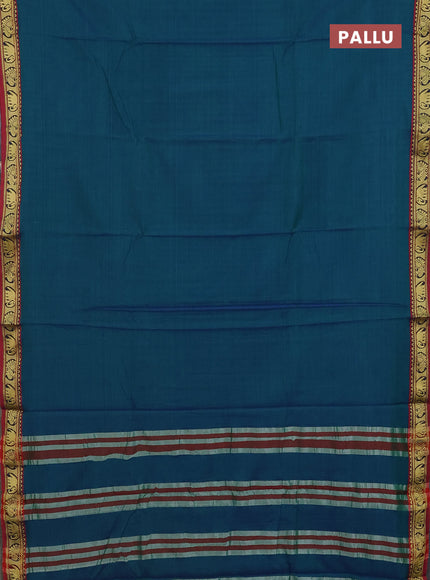 Narayanpet cotton saree dual shade of bluish green and maroon with plain body and thread woven border