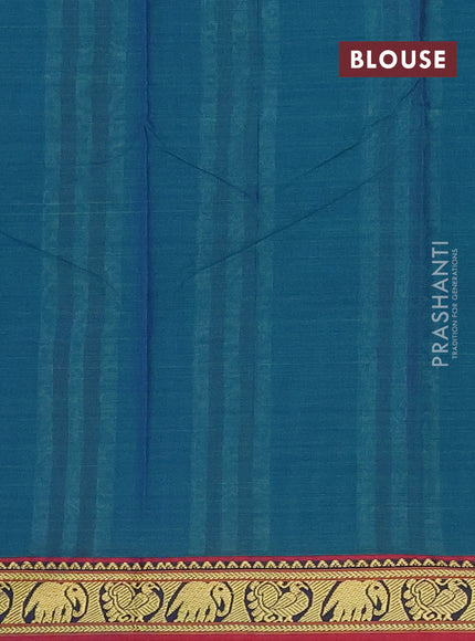 Narayanpet cotton saree dual shade of bluish green and maroon with plain body and thread woven border