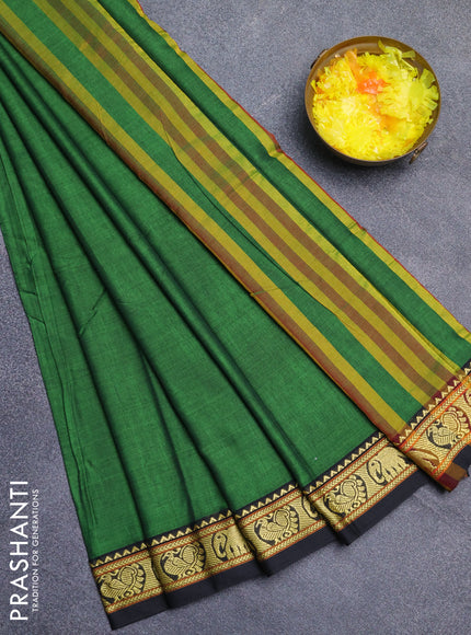 Narayanpet cotton saree green and black with plain body and thread woven border