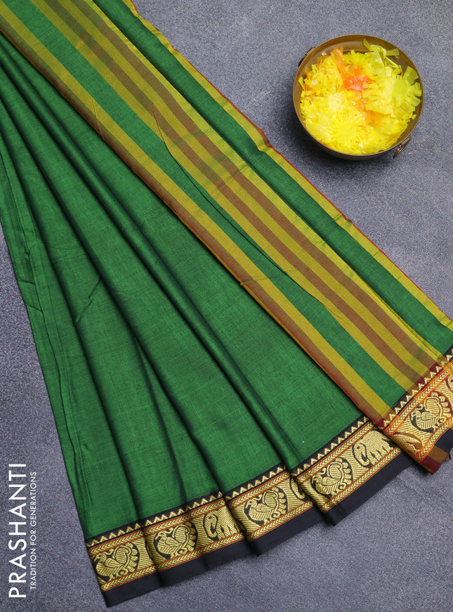 Narayanpet cotton saree green and black with plain body and thread woven border