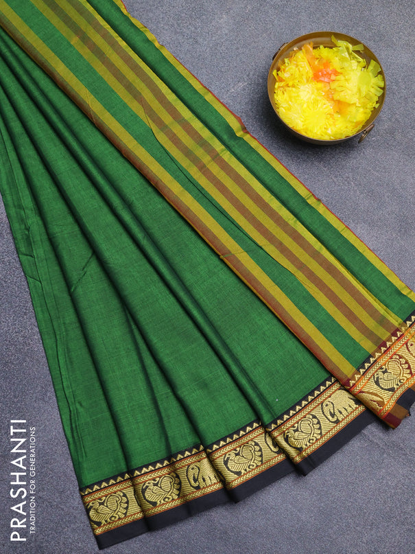 Narayanpet cotton saree green and black with plain body and thread woven border