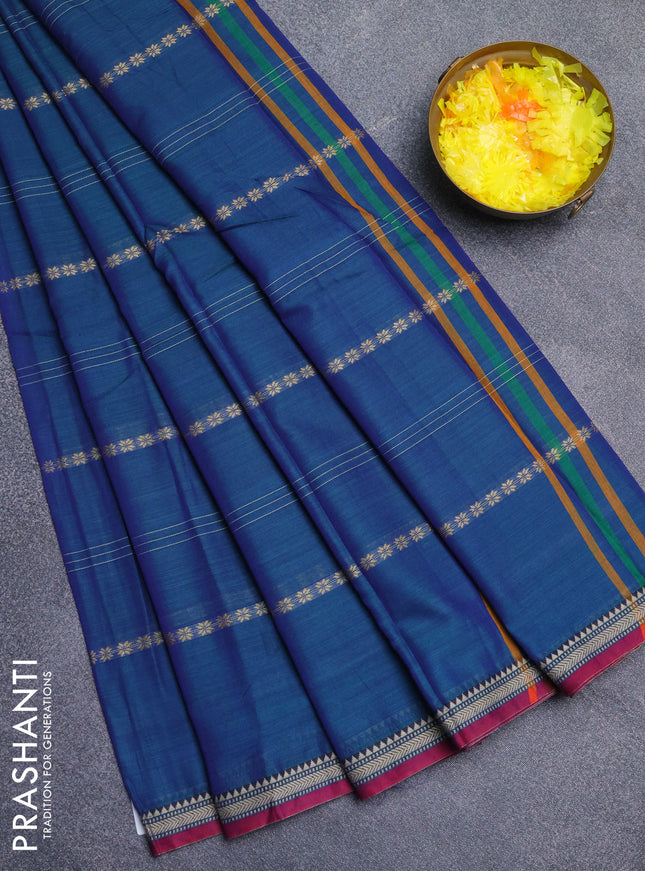 Narayanpet cotton saree dual shade of bluish green and pink with thread weaves and small thread woven border