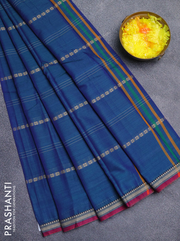 Narayanpet cotton saree dual shade of bluish green and pink with thread weaves and small thread woven border