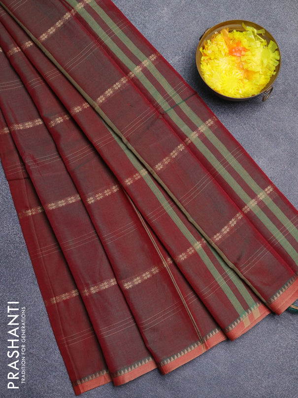 Narayanpet cotton saree dual shade of reddish green with thread weaves and small thread woven border