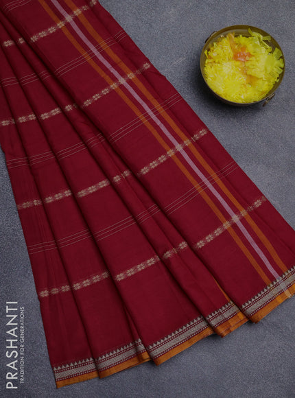Narayanpet cotton saree red and mustard yellow with thread weaves and small thread woven border