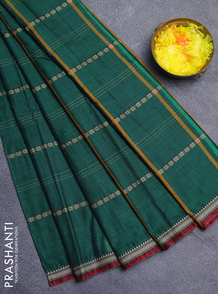 Narayanpet cotton saree bottle green and maroon with thread weaves and small thread woven border