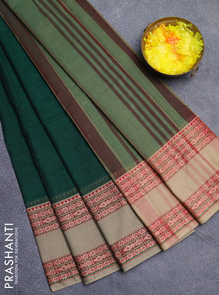 Narayanpet cotton saree bottle green and beige with plain body and rettapet thread woven border
