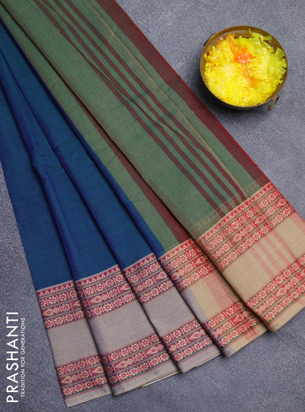 Narayanpet cotton saree dual shade of bluish green and beige with plain body and rettapet thread woven border