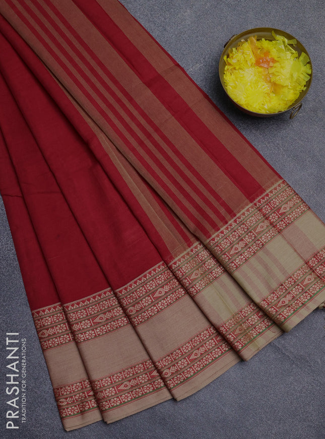 Narayanpet cotton saree red shade and beige with plain body and rettapet thread woven border