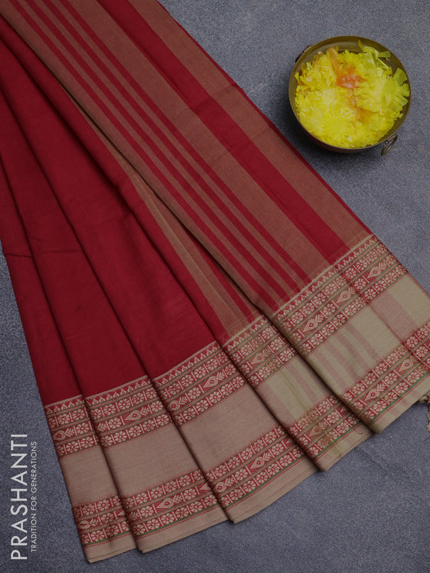 Narayanpet cotton saree red shade and beige with plain body and rettapet thread woven border