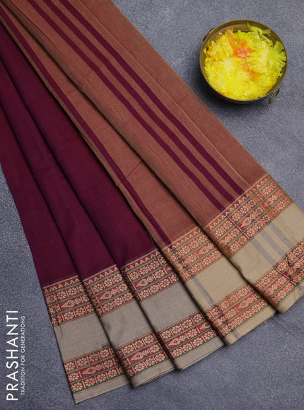Narayanpet cotton saree deep wine shade and beige with plain body and rettapet thread woven border