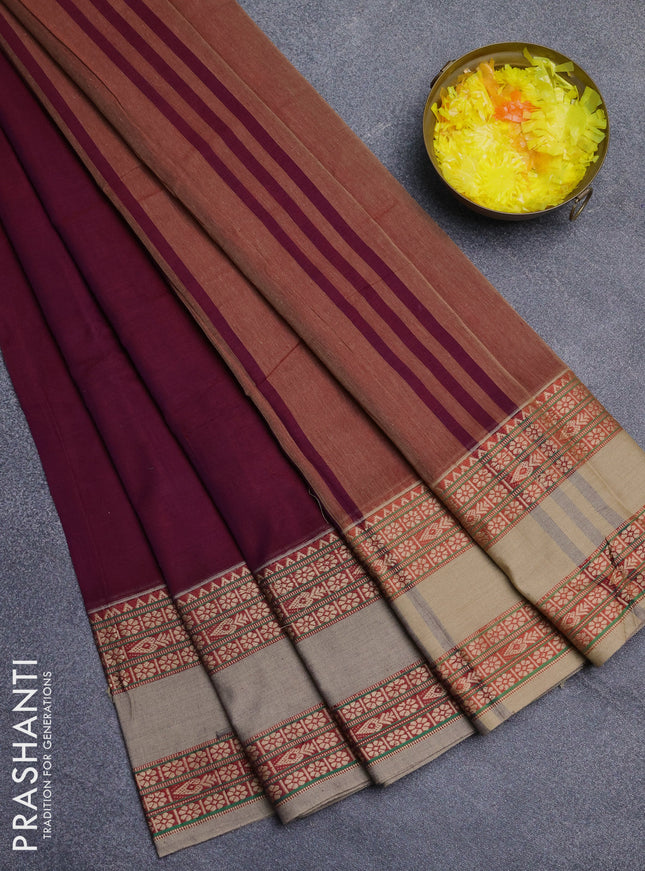 Narayanpet cotton saree deep wine shade and beige with plain body and rettapet thread woven border