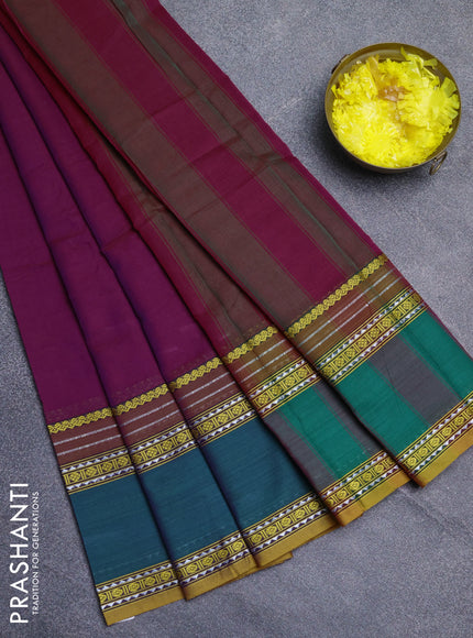 Narayanpet cotton saree purple and green with plain body and rettapet thread woven border