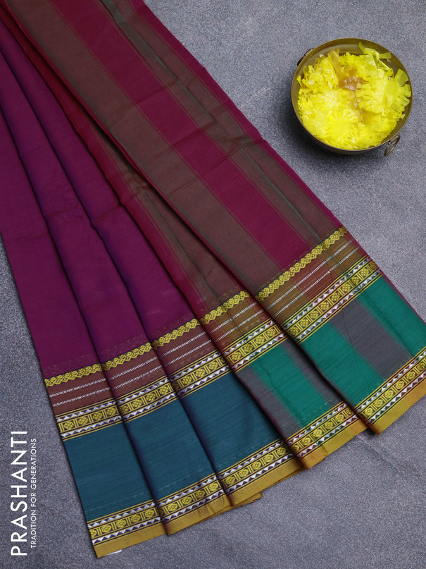 Narayanpet cotton saree purple and green with plain body and rettapet thread woven border