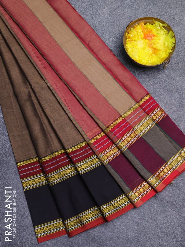 Narayanpet cotton saree chikku shade and black with plain body and rettapet thread woven border
