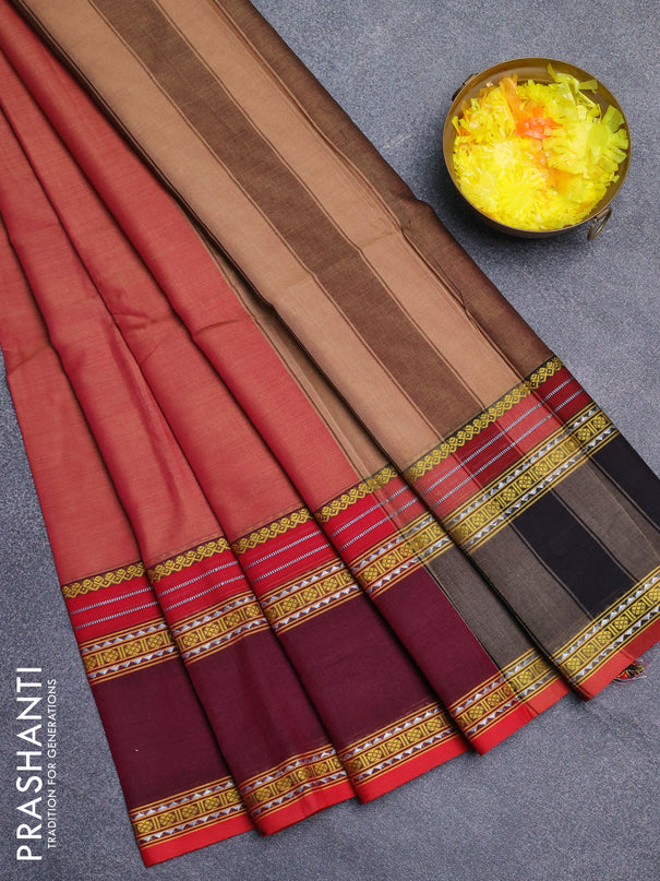 Narayanpet cotton saree red shade and deep maroon with plain body and rettapet thread woven border