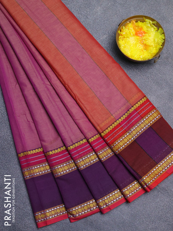 Narayanpet cotton saree pastel purple and purple with plain body and rettapet thread woven border