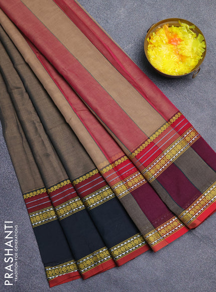 Narayanpet cotton saree chikku shade and dark olive green with plain body and rettapet thread woven border