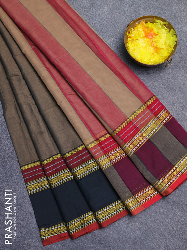 Narayanpet cotton saree chikku shade and dark olive green with plain body and rettapet thread woven border