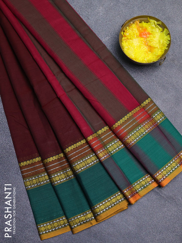 Narayanpet cotton saree deep wine shade and green with plain body and rettapet thread woven border