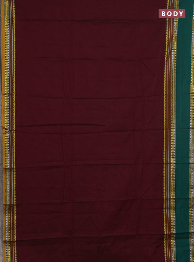 Narayanpet cotton saree deep wine shade and green with plain body and rettapet thread woven border