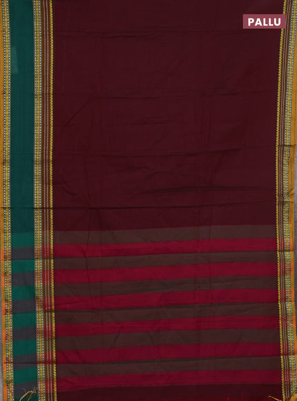 Narayanpet cotton saree deep wine shade and green with plain body and rettapet thread woven border