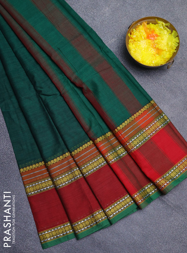 Narayanpet cotton saree green and maroon with plain body and rettapet thread woven border