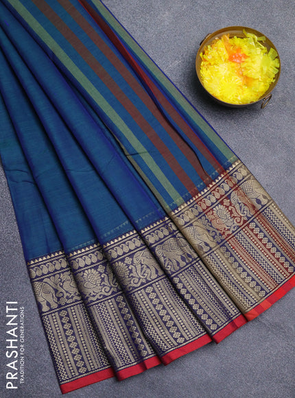 Narayanpet cotton saree dual shade of bluish green and maroon with plain body and long thread woven border