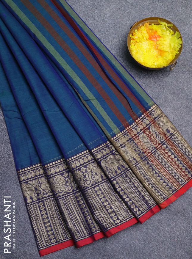 Narayanpet cotton saree dual shade of bluish green and maroon with plain body and long thread woven border