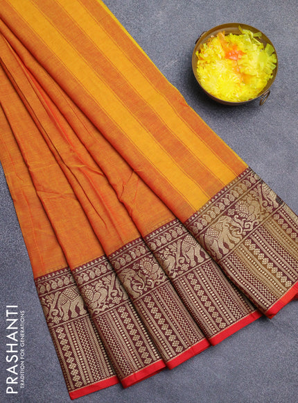Narayanpet cotton saree mustard yellow and red with plain body and long thread woven border