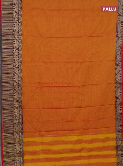 Narayanpet cotton saree mustard yellow and red with plain body and long thread woven border