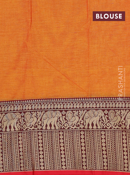 Narayanpet cotton saree mustard yellow and red with plain body and long thread woven border