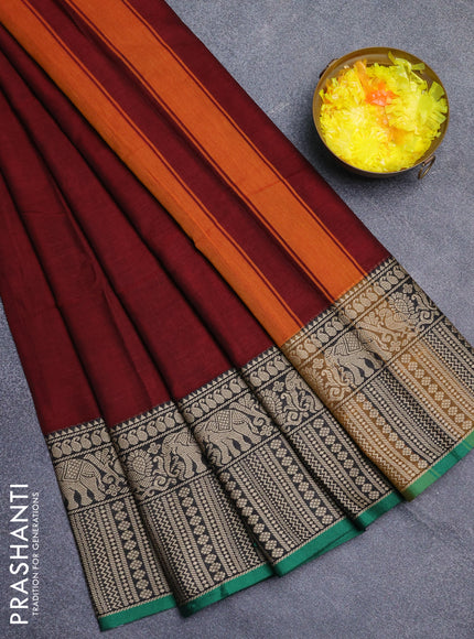 Narayanpet cotton saree deep maroon and green with plain body and long thread woven border