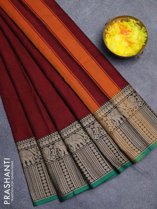 Narayanpet cotton saree deep maroon and green with plain body and long thread woven border