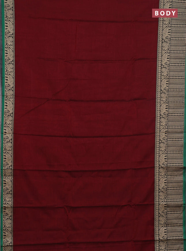 Narayanpet cotton saree deep maroon and green with plain body and long thread woven border