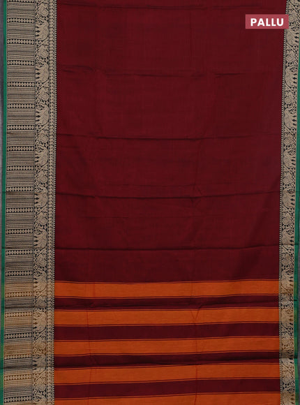 Narayanpet cotton saree deep maroon and green with plain body and long thread woven border