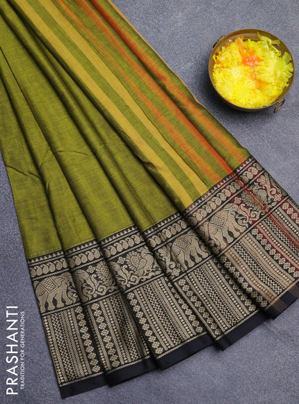 Narayanpet cotton saree light green and black with plain body and long thread woven border