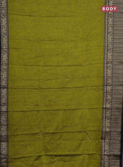Narayanpet cotton saree light green and black with plain body and long thread woven border