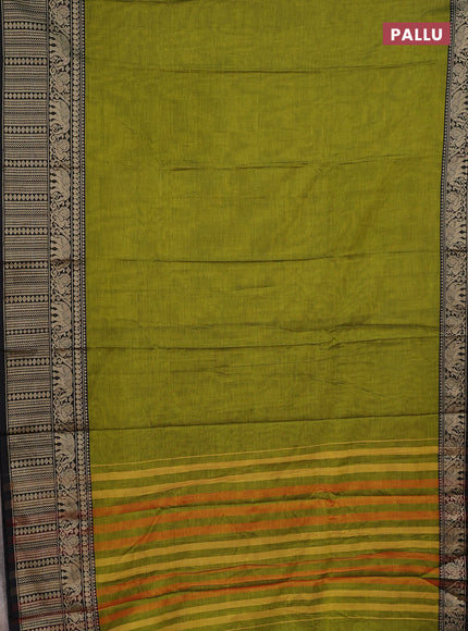 Narayanpet cotton saree light green and black with plain body and long thread woven border