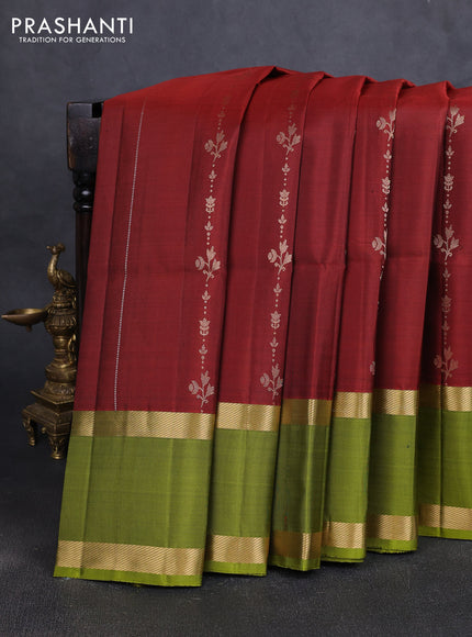 Pure soft silk saree maroon and mehendi green with allover silver & gold zari weaves and rettapet zari woven border