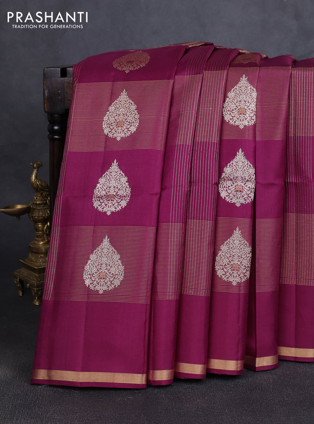 Pure soft silk saree purple with allover checks & zari buttas and piping border