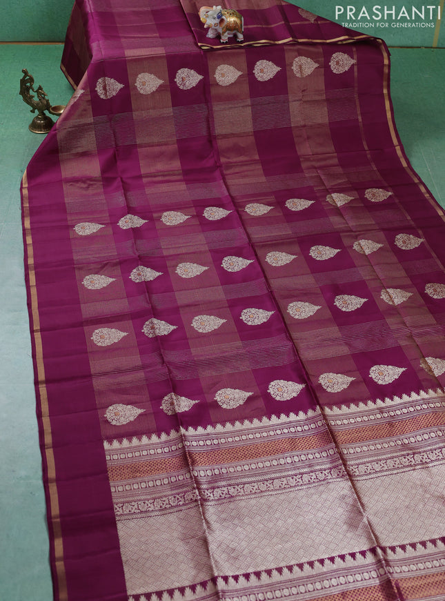 Pure soft silk saree purple with allover checks & zari buttas and piping border