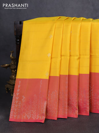 Pure soft silk saree mango yellow and dual shade of pink with allover stripe pattern & zari buttas and long zari woven border